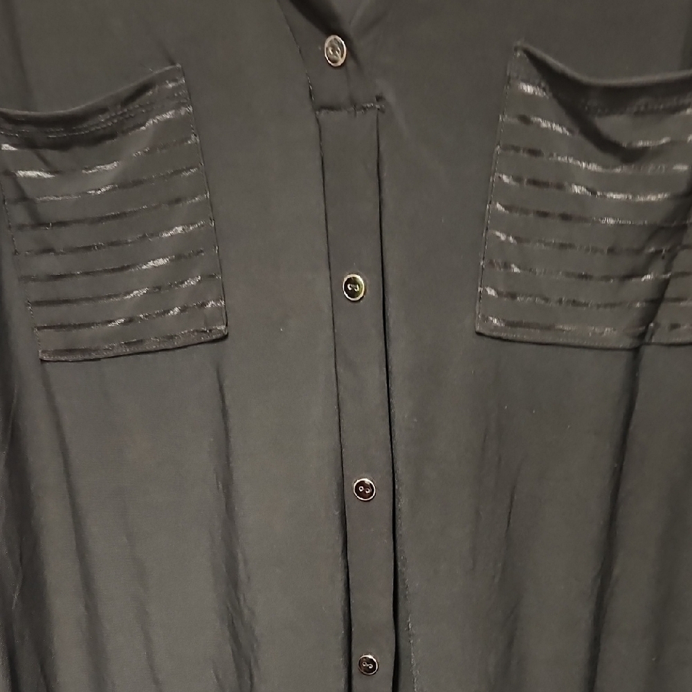 Black Short-Sleeve Button-Down Top with Sheer Stripe Details - Picture 5 of 7